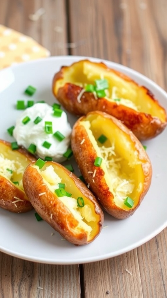 Air fryer baked potatoes topped with sour cream, chives, and cheese on a rustic wooden table.